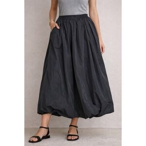 Max Azria Collection Black Bubble Hem Midi Skirt Elastic Waist Pockets Size L